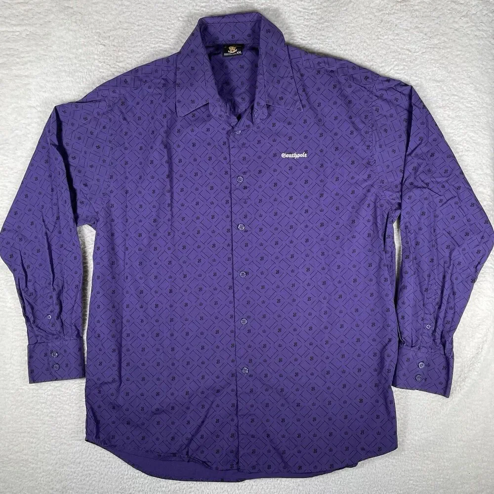 Vintage South Pole Shirt Mens 2XL XXL Purple AOP Print Logos Button Long Sleeve